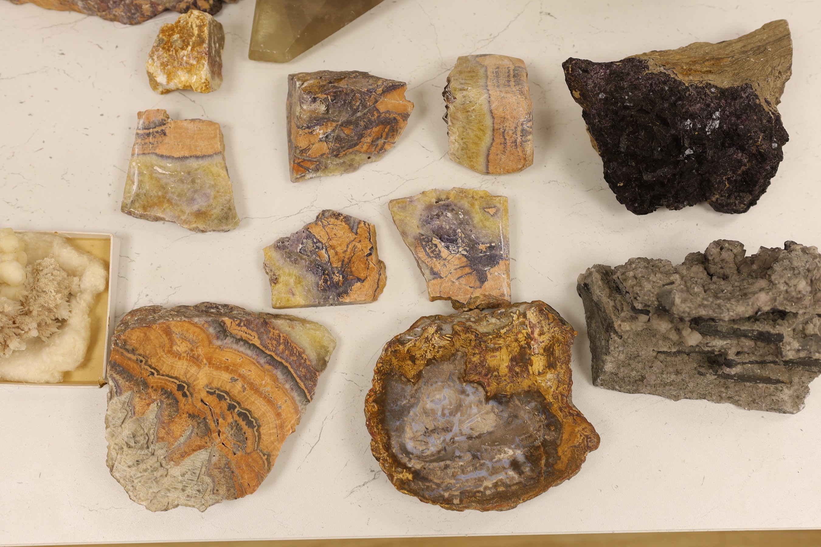A large amethyst quartz in white, quartz matrix, other similar fragments and petrified wood, etc.